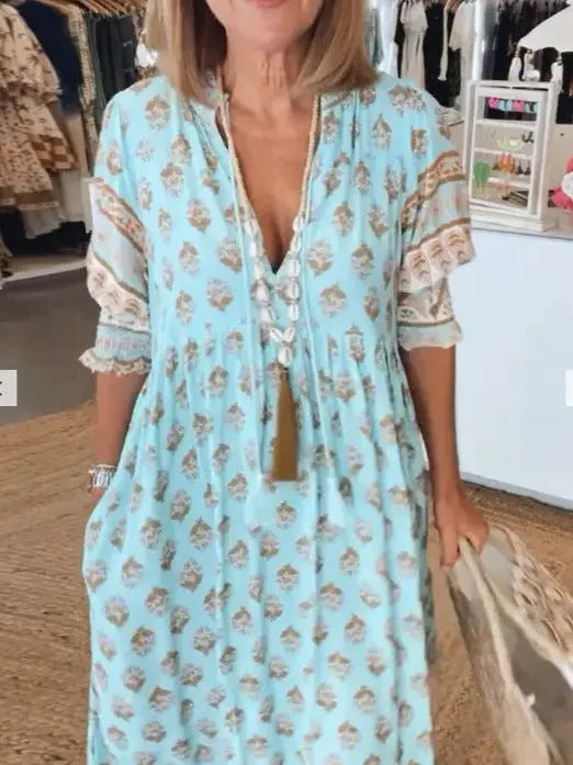 Robe à Col en V avec Imprimé - Manches Lanternes - Taille Haute - Grande Amplitude - VoltÉlan